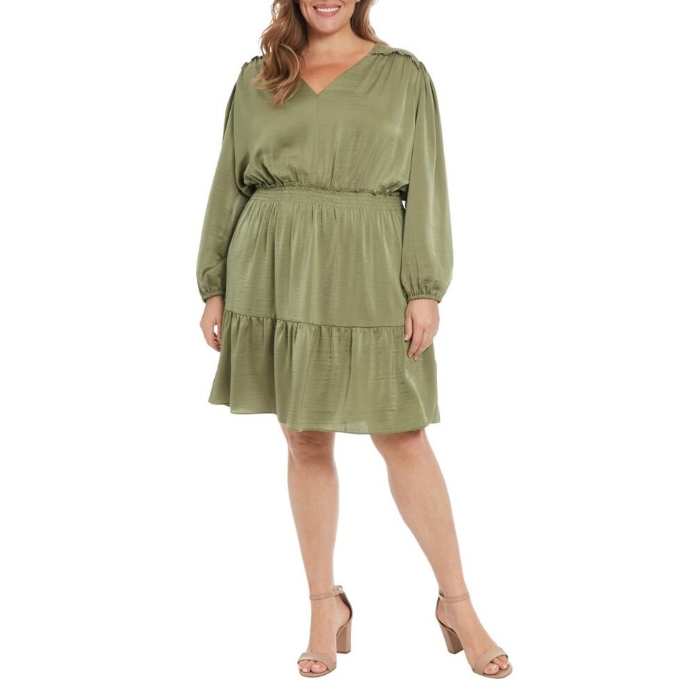 NWT London Time Women Plus Size 22W Hammered Satin Smock Waist Long Sleeve Dress